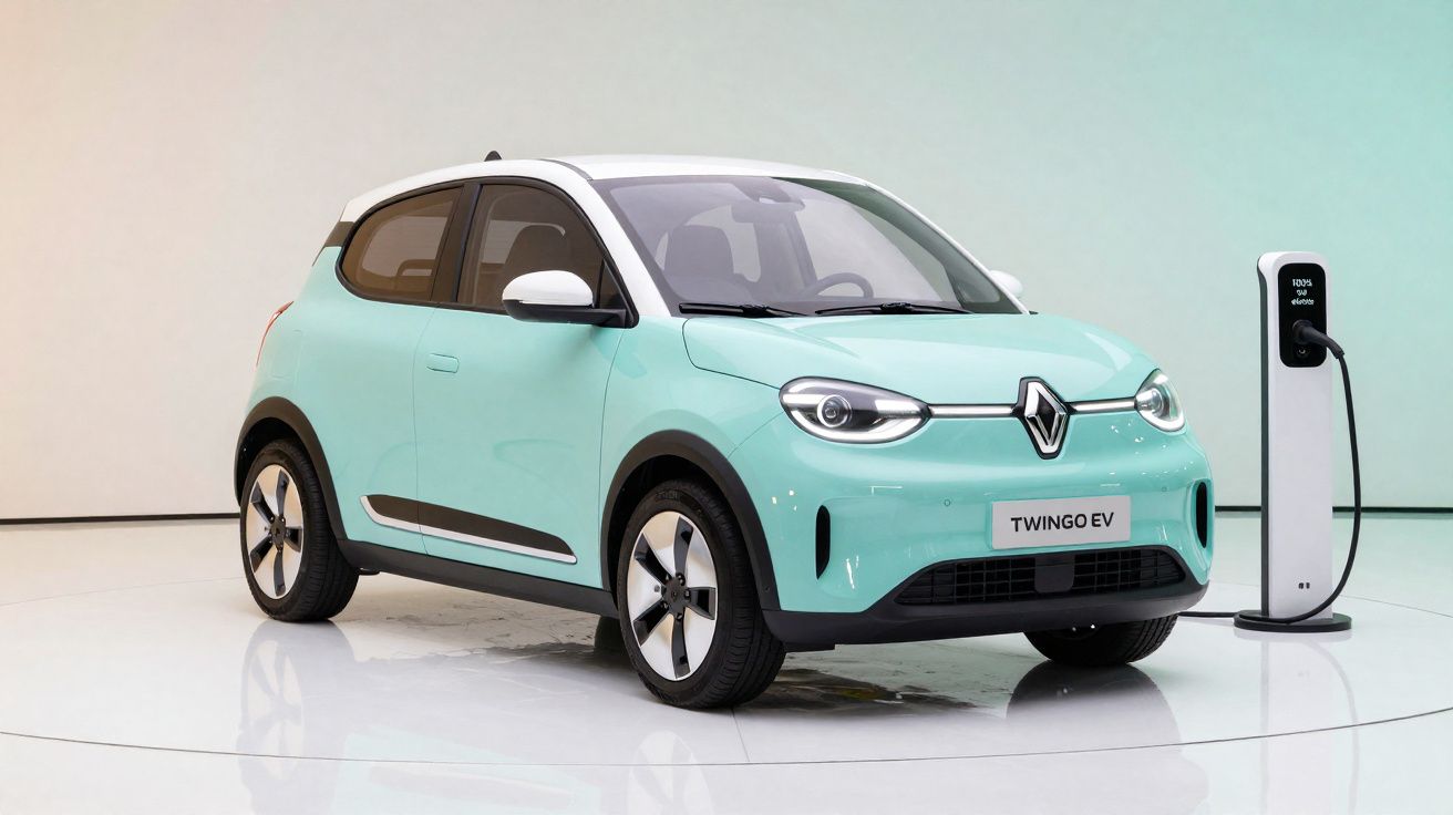 Carro elétrico Renault Twingo EV azul claro recarregando em estação de carregamento branca.