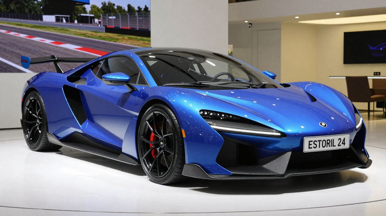 Carro esportivo azul metálico McLaren Estoril 24 exposto em ambiente interno.