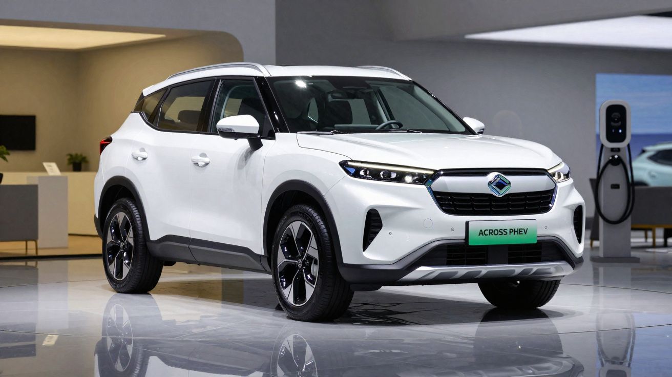 SUV branco elétrico híbrido plug-in ACROSS PHEV exposto em ambiente moderno com carregador ao fundo.