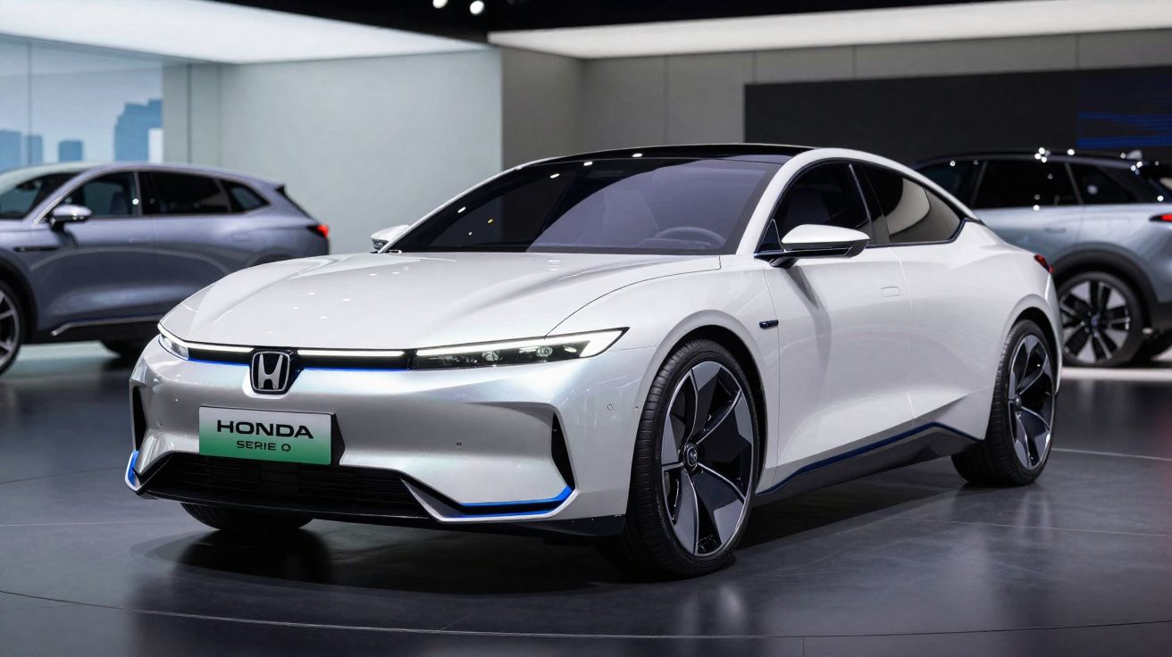 Carro elétrico esportivo Honda Série 0 branco exibido em salão de automóveis moderno.