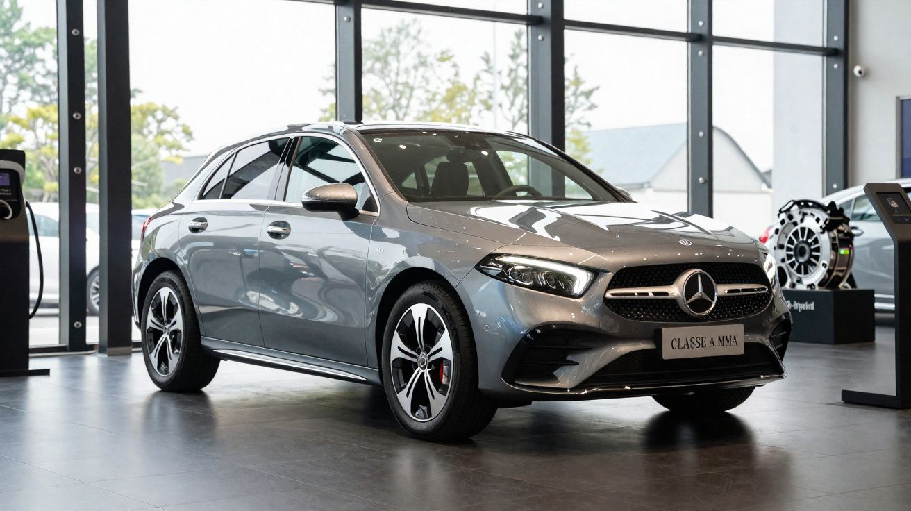 Mercedes-Benz Classe A prata estacionado em showroom moderno com grandes janelas de vidro.
