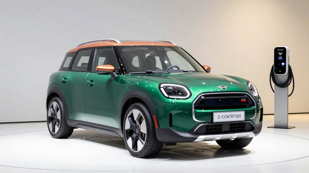 Carro elétrico verde e laranja Mini E-Country 500 estacionado ao lado de um carregador elétrico.