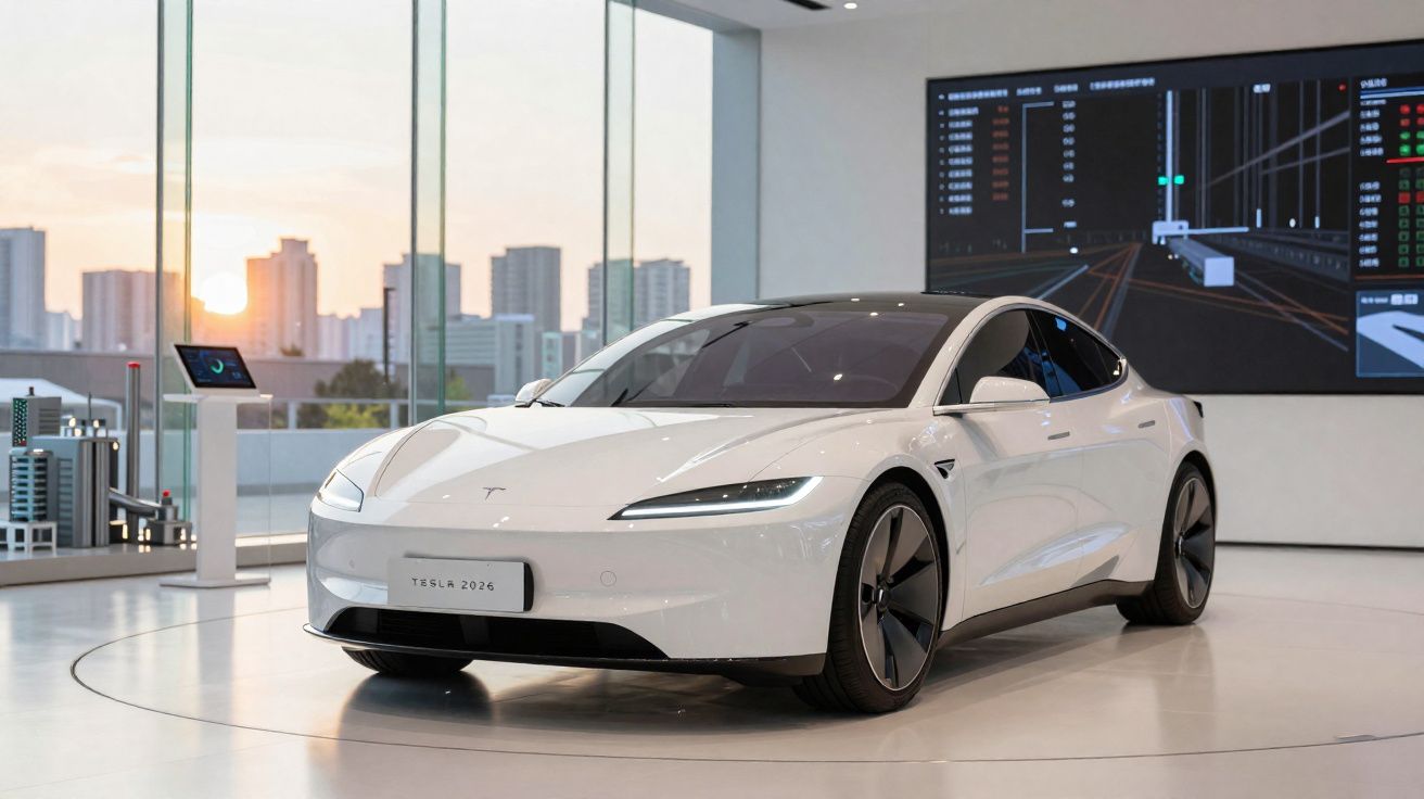 Carro elétrico branco Tesla 2026 em exposição em ambiente moderno com janelas grandes e cidade ao fundo.
