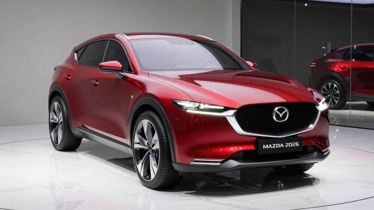 Carro SUV Mazda 2026 vermelho exibido em ambiente interno com chão branco e parede cinza.