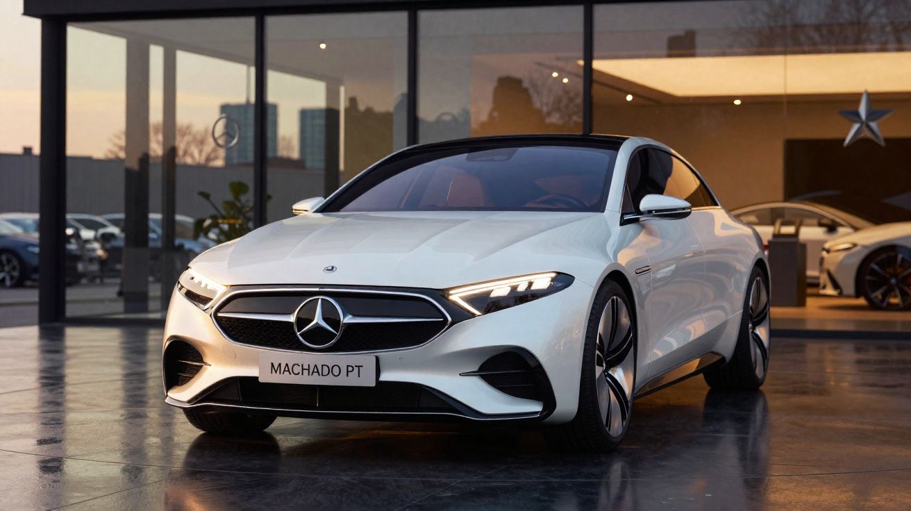 Carro branco Mercedes-Benz estacionado em frente a prédio com vidro espelhado ao entardecer.