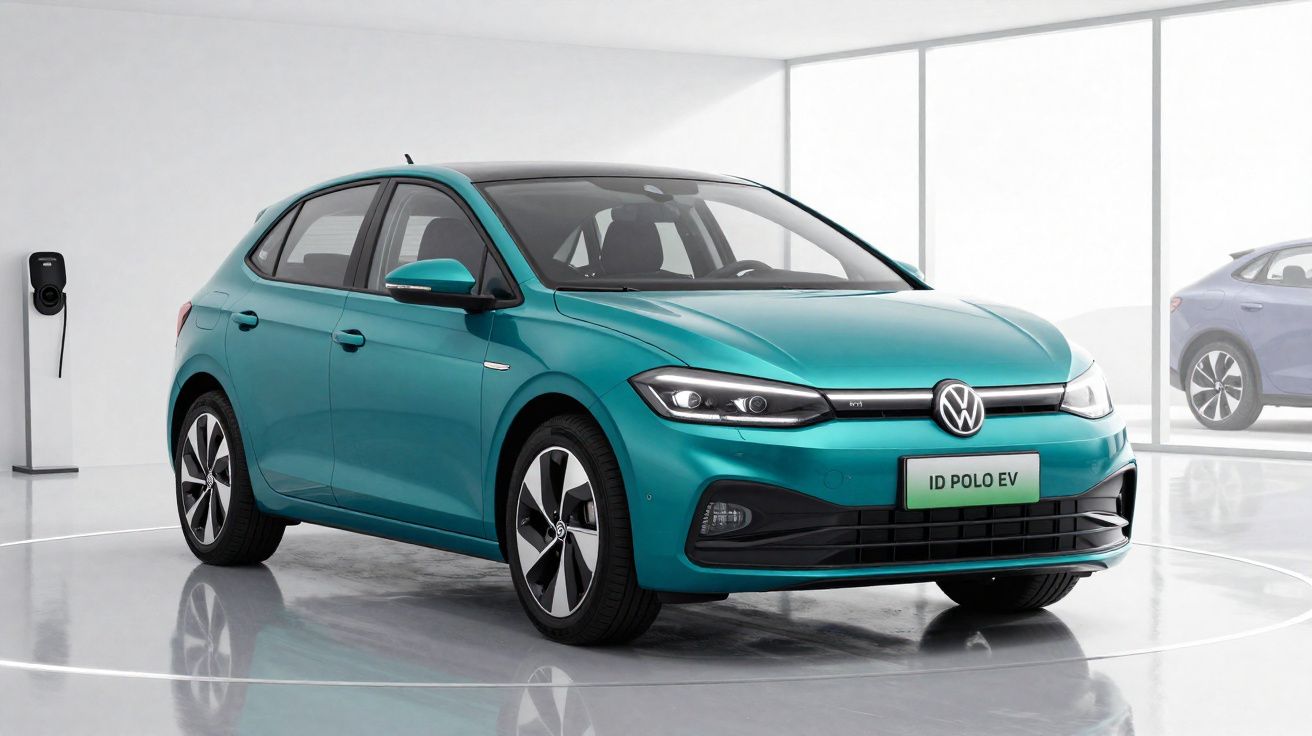 Carro elétrico Volkswagen ID Polo EV azul em ambiente moderno e iluminado para recarga.