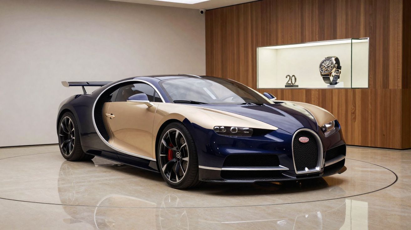 Bugatti Chiron azul e bege exibido em showroom moderno com piso refletivo.