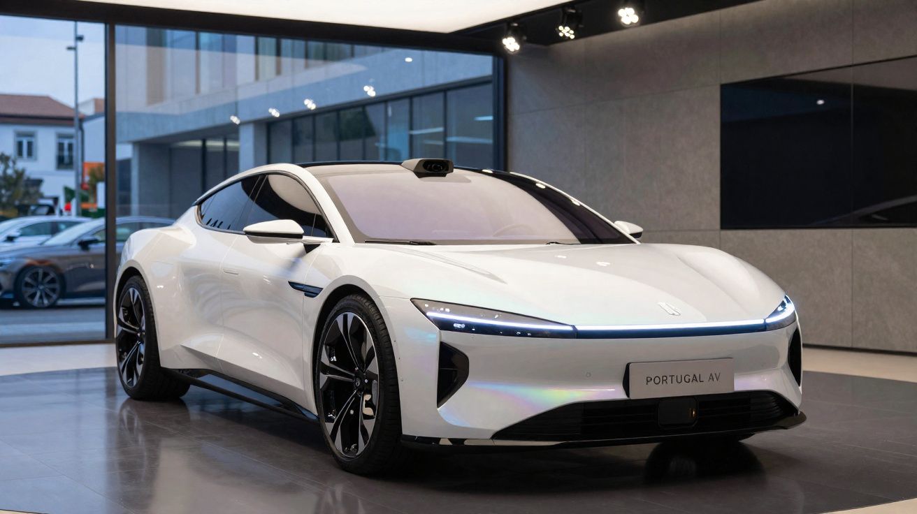 Carro elétrico esportivo branco modelo Portugal AV exibido em showroom moderno com iluminação interna.