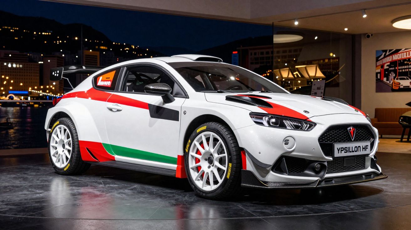 Carro de rally branco com detalhes em vermelho, verde e preto em exposição noturna com cidade ao fundo.