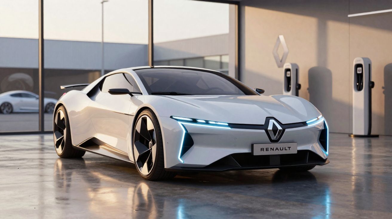Carro esportivo elétrico branco da Renault estacionado em ambiente interno moderno com carregadores elétricos.