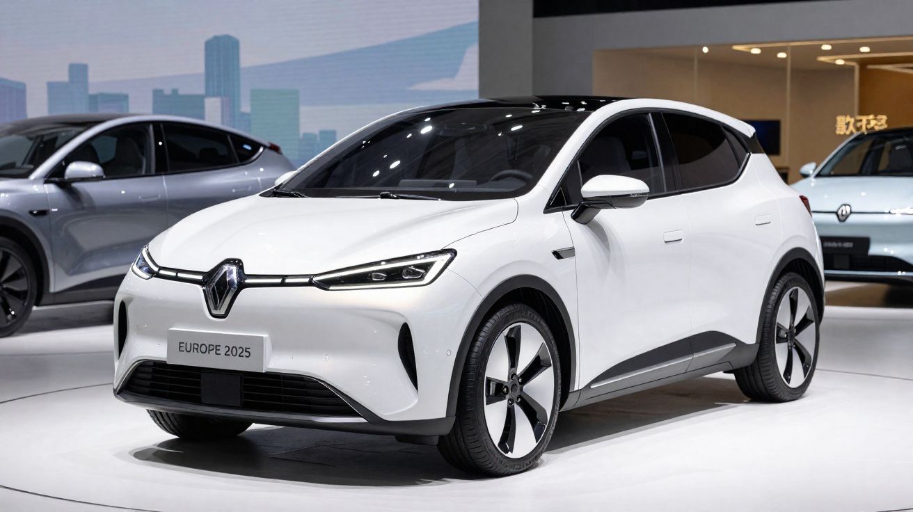 Carro elétrico branco Renault em exposição, com design moderno e rodas aro 20.