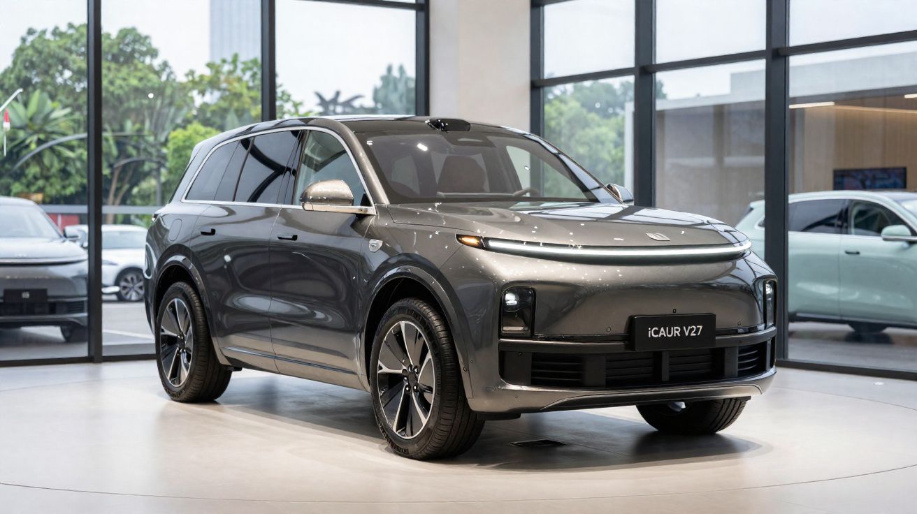 SUV elétrico cinza iCar V27 em showroom moderno com janelas grandes e outros carros ao fundo.