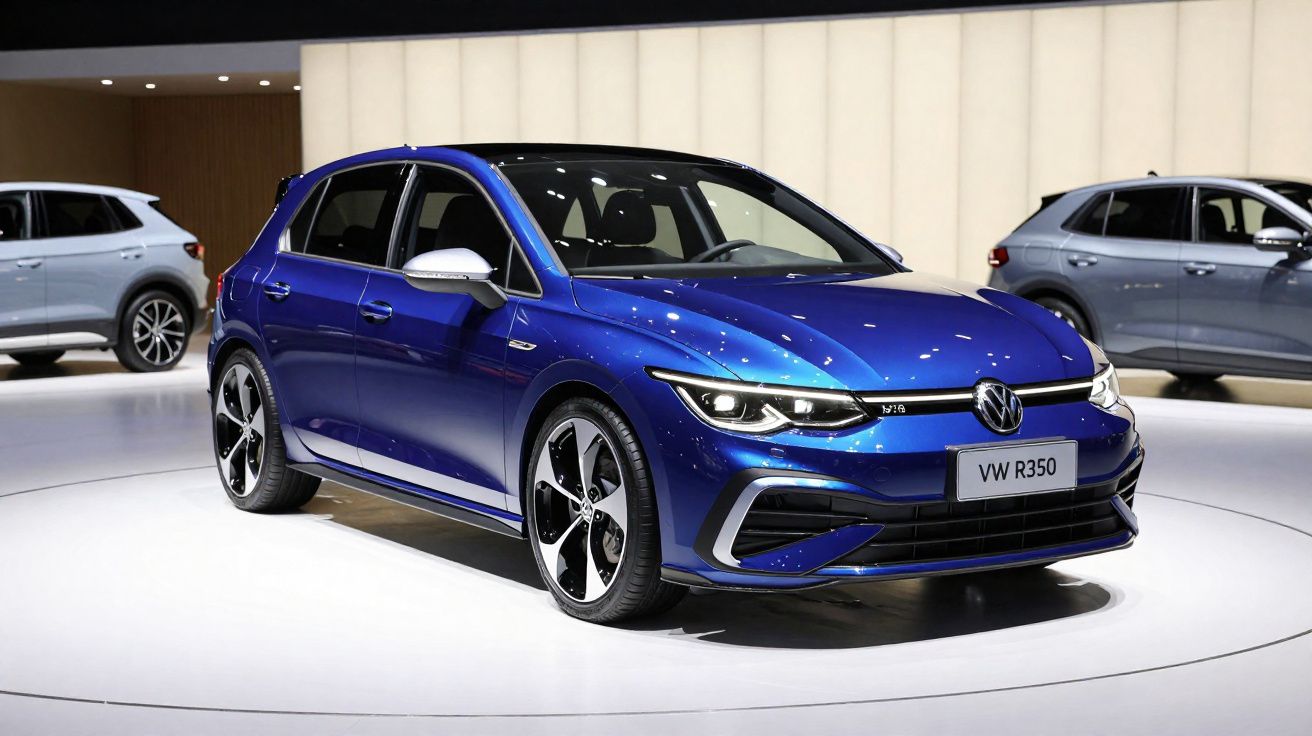 Carro VW R350 azul em exposição, vista frontal em plataforma circular com iluminação em galeria.