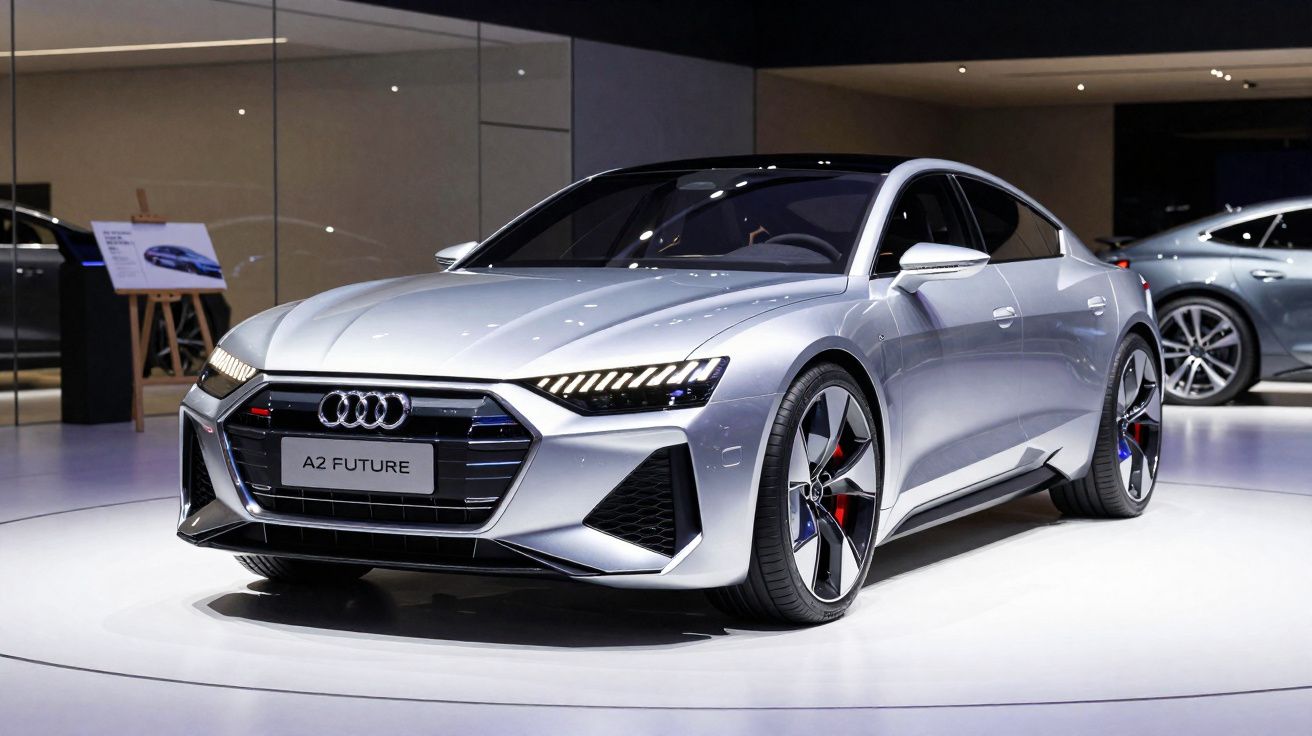 Carro esportivo Audi A2 Future prata em exposição, com design moderno e elegante, em ambiente interno iluminado.