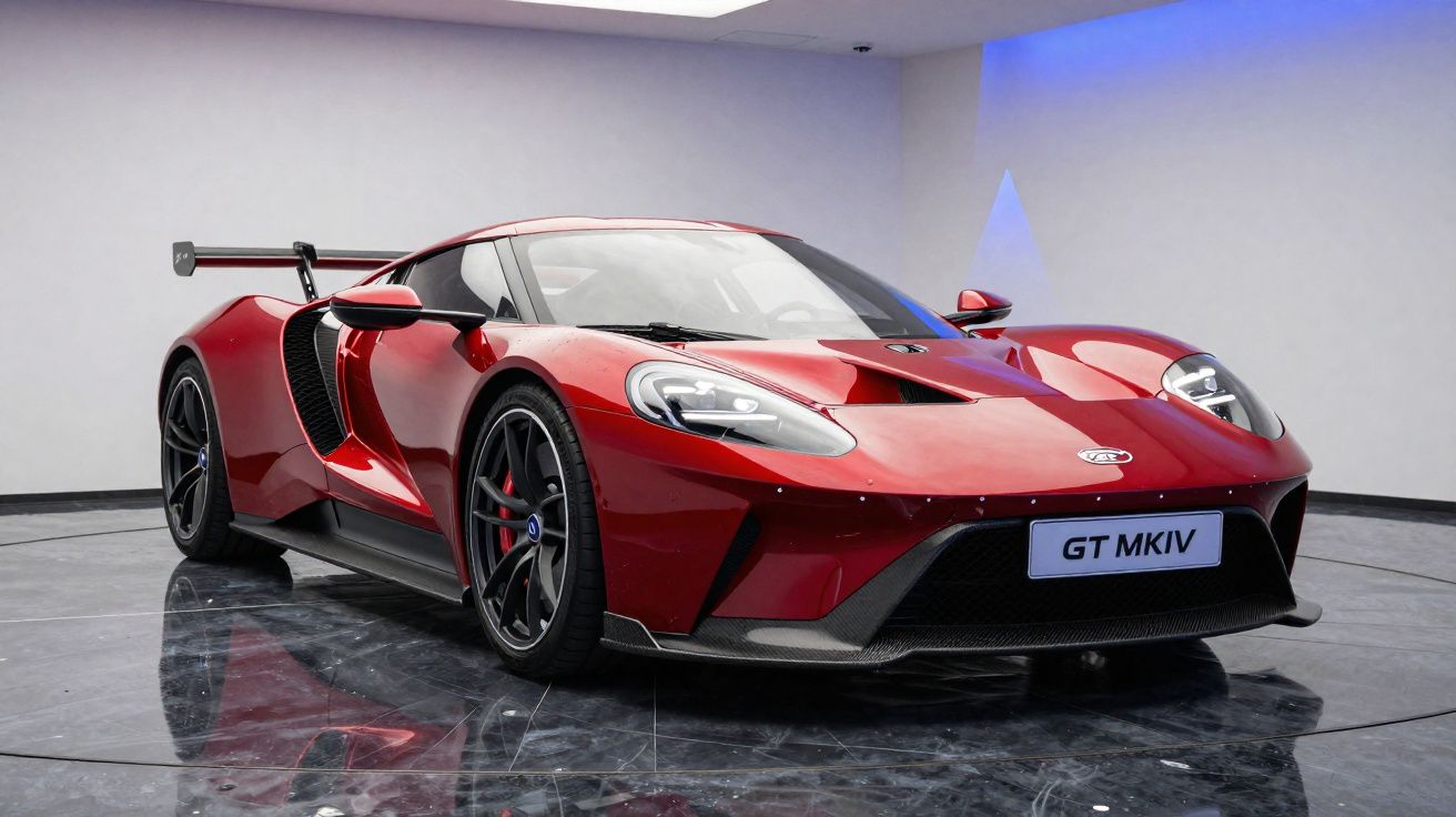 Carro esportivo vermelho Ford GT MKIV em exposição sobre piso preto brilhante.