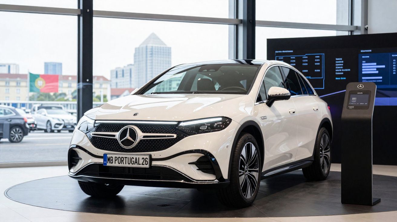 Carro elétrico branco Mercedes-Benz em exposição dentro de showroom moderno com janelas grandes.