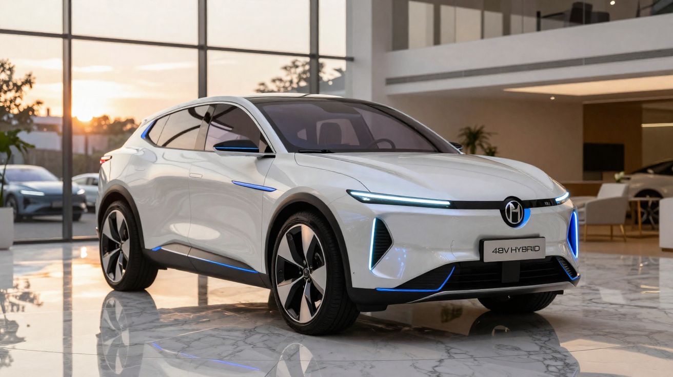 Carro elétrico branco 48V Hybrid em showroom moderno com iluminação natural ao entardecer.