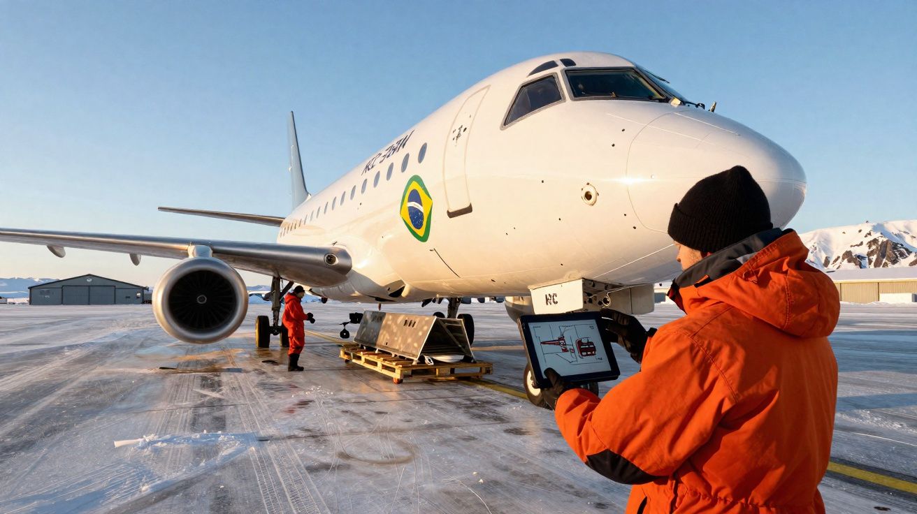 Técnico em roupa laranja usa tablet para inspecionar avião brasileiro em pista congelada.