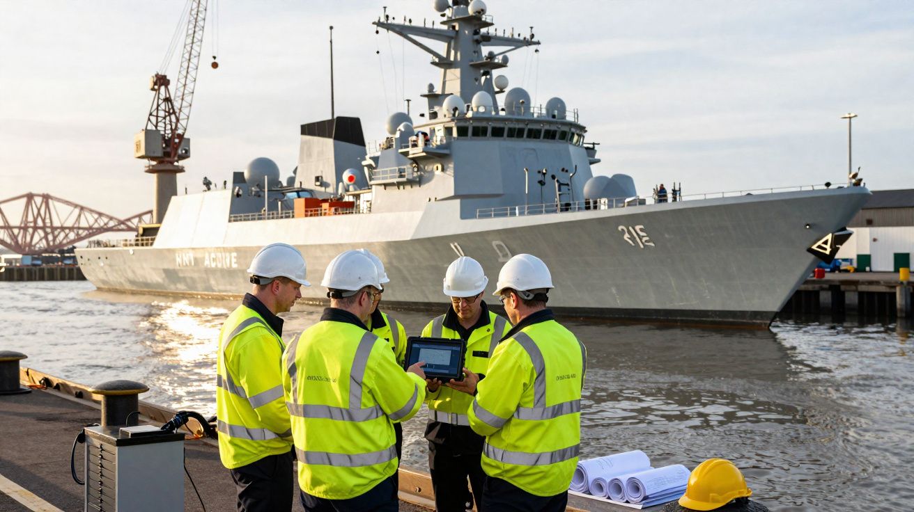 Quatro trabalhadores com coletes amarelos e capacetes brancos conferem equipamento em cais próximo a navio militar cinza.
