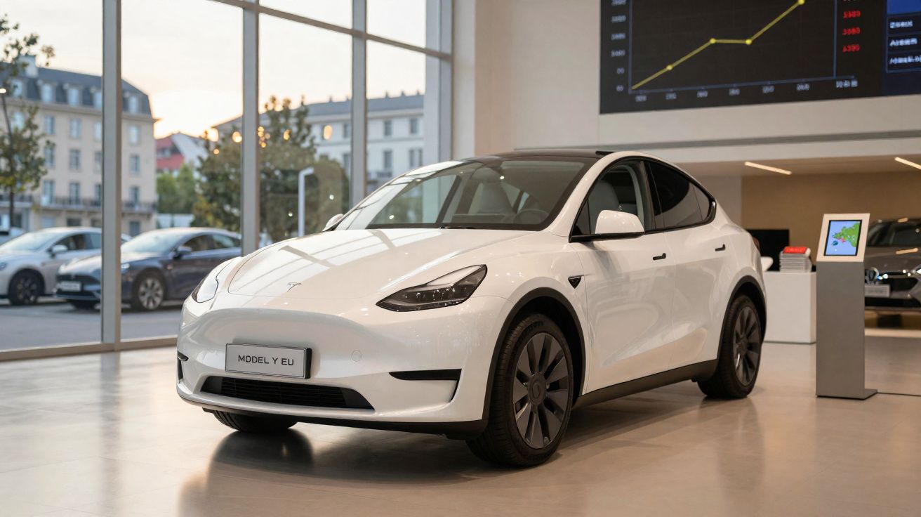 Carro elétrico Tesla Model Y branco exibido em showroom moderno com grandes janelas e gráficos na parede.
