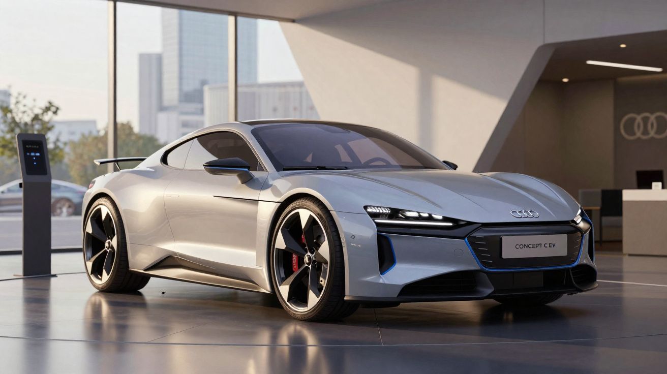 Carro esportivo elétrico Audi Concept CEV prata estacionado dentro de showroom moderno e iluminado.