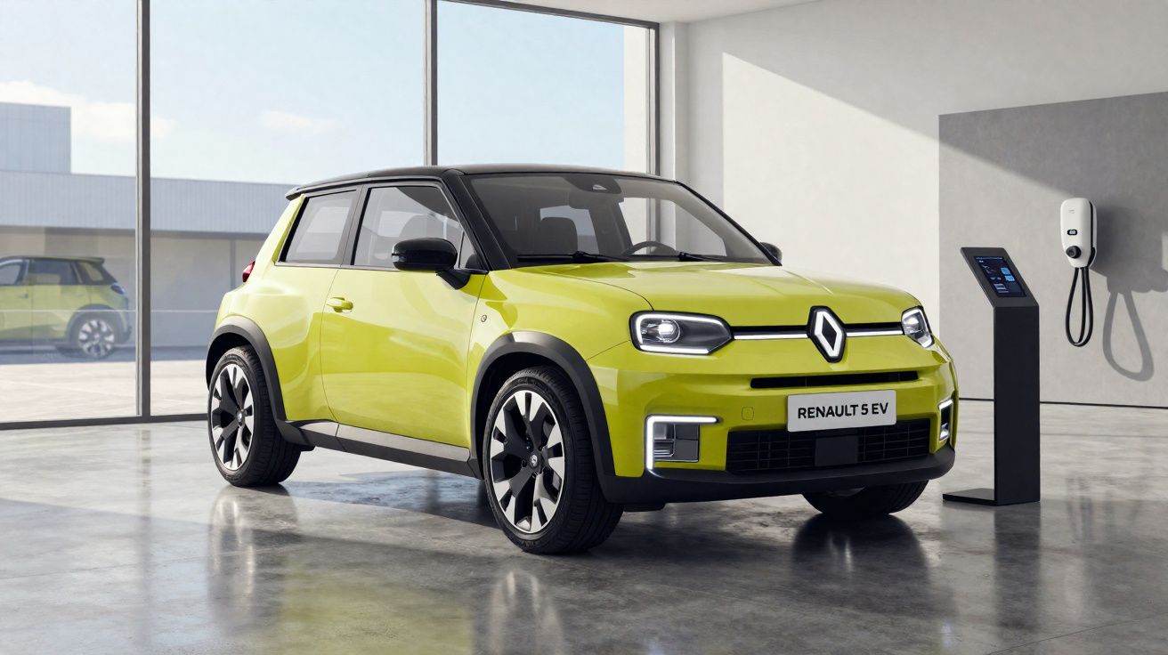 Carro elétrico Renault 5 EV amarelo estacionado em garagem moderna com carregador na parede.