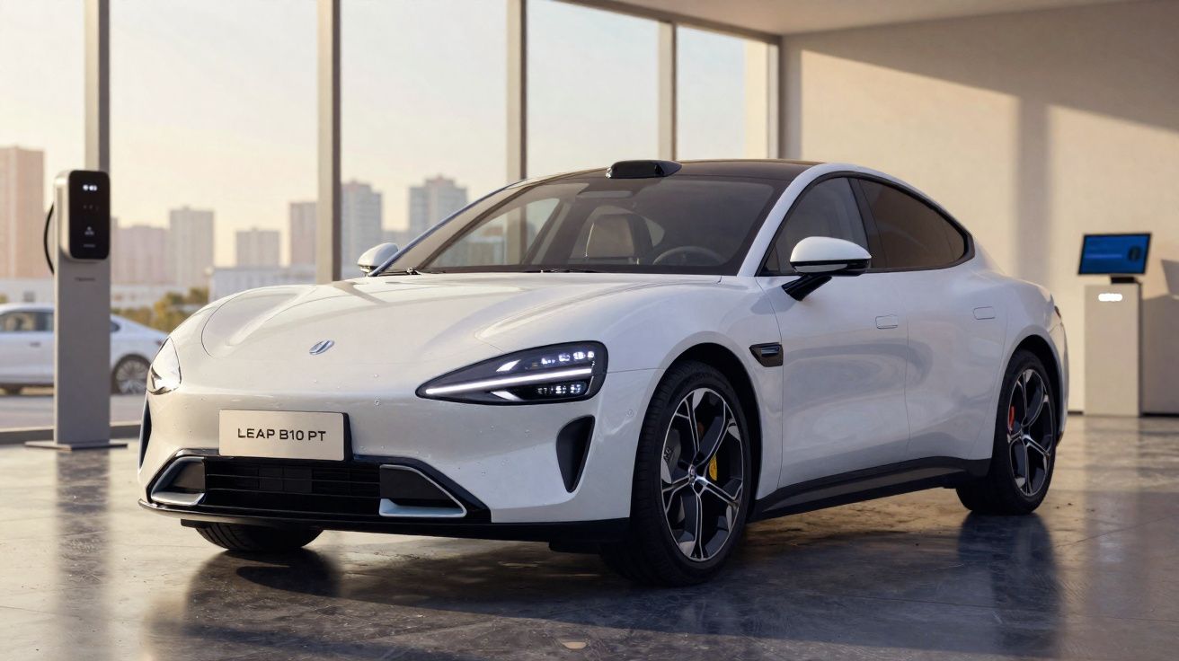 Carro elétrico branco LEAP B10 PT estacionado em showroom moderno com piso de concreto polido.