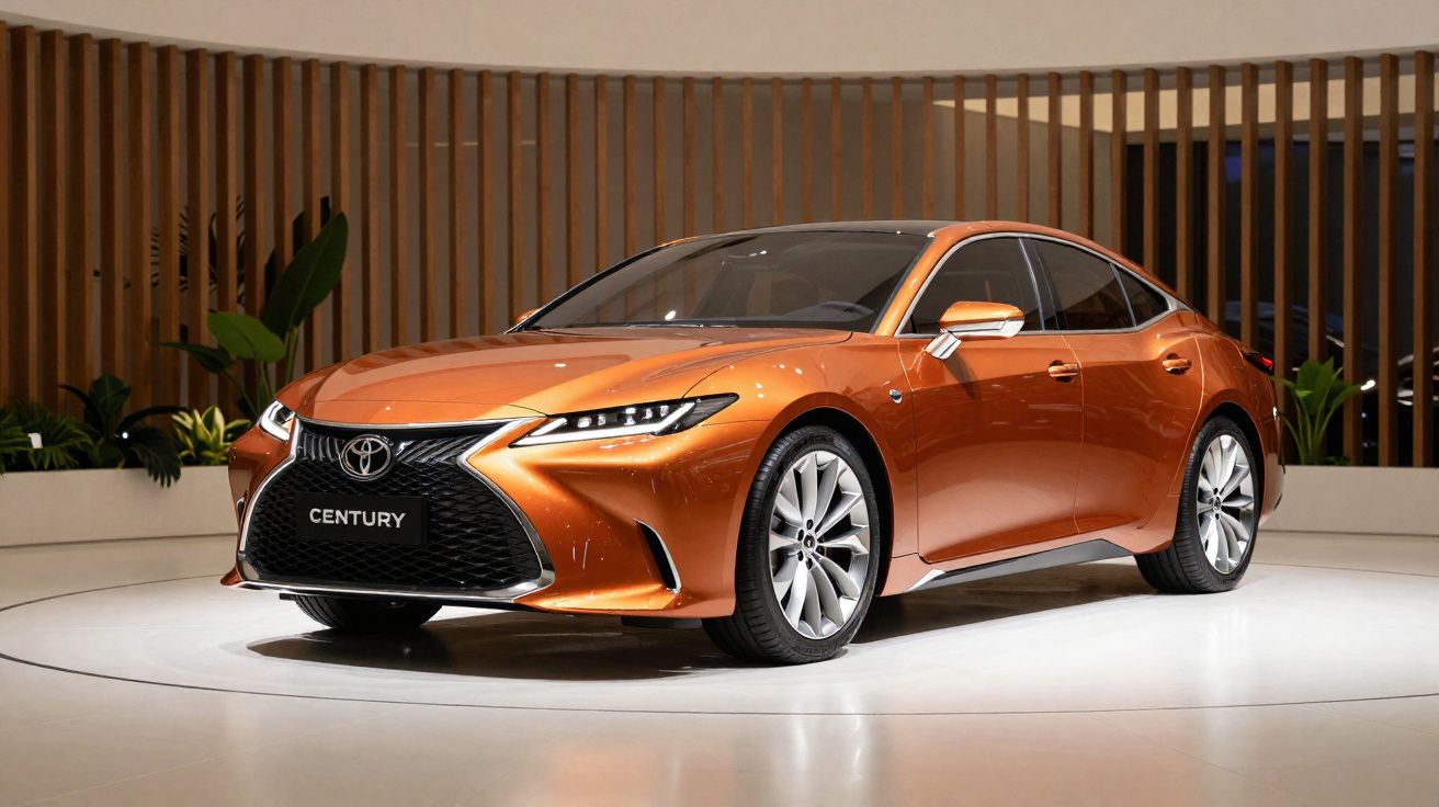 Carro sedã Toyota Century laranja exibido em ambiente interno moderno com parede de ripas de madeira.