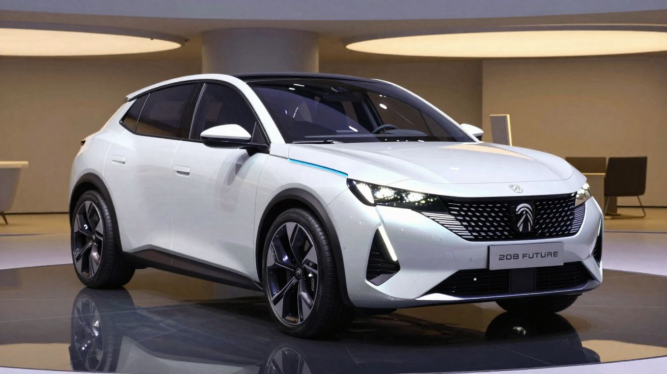 Carro elétrico branco Peugeot 208 Future exposto em ambiente moderno com iluminação circular.