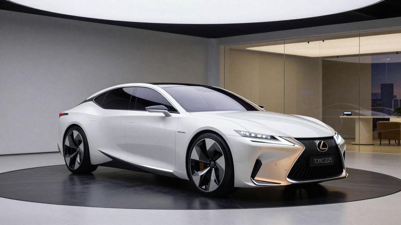 Carro elétrico branco Lexus de luxo estacionado em ambiente interno moderno e minimalista.