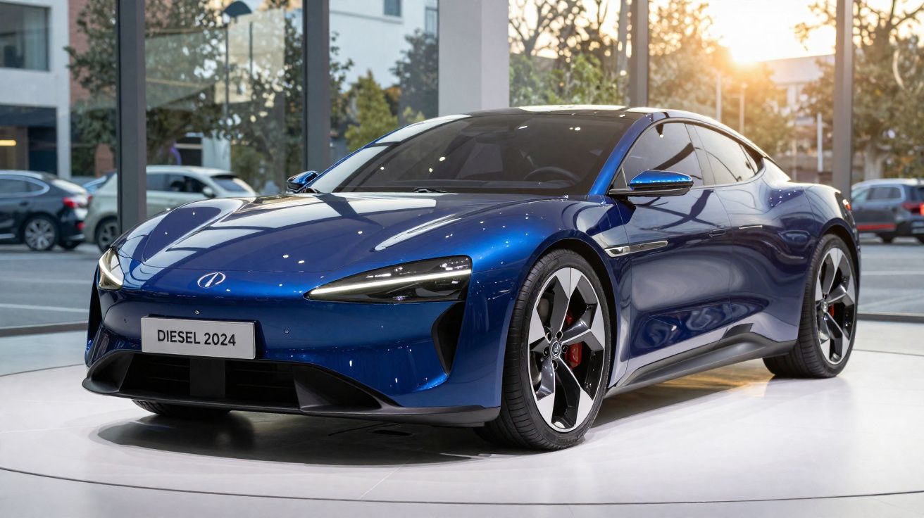 Carro esportivo elétrico azul Diesel 2024 em exposição com design moderno e linhas aerodinâmicas.