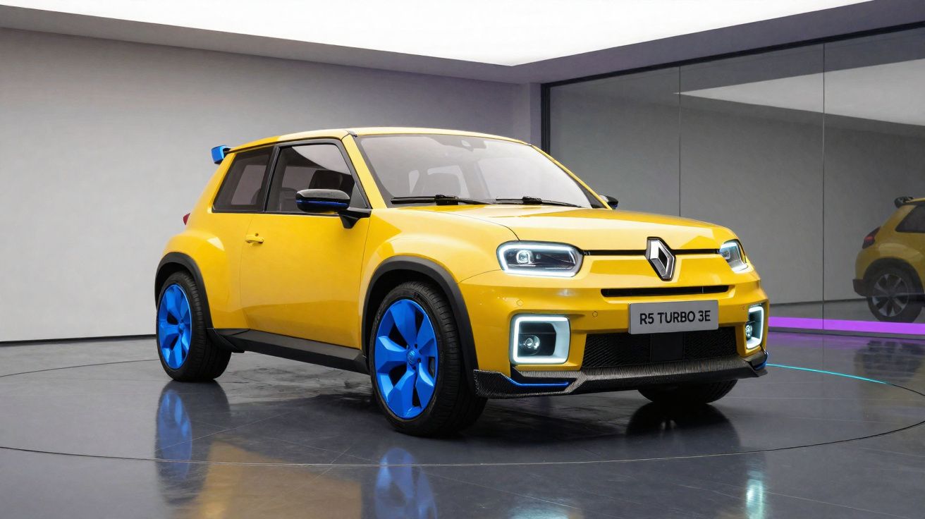 Carro amarelo Renault R5 Turbo 3E com rodas azuis exibido em sala moderna com espelhos.