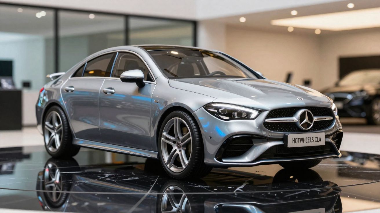 Carro Mercedes-Benz prata modelo CLA exposto em ambiente interno moderno com piso refletivo.