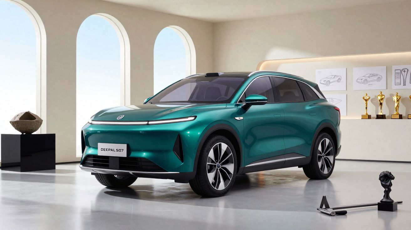 Carro SUV elétrico verde metálico Deepal SD7 em ambiente moderno com troféus e desenhos na parede.