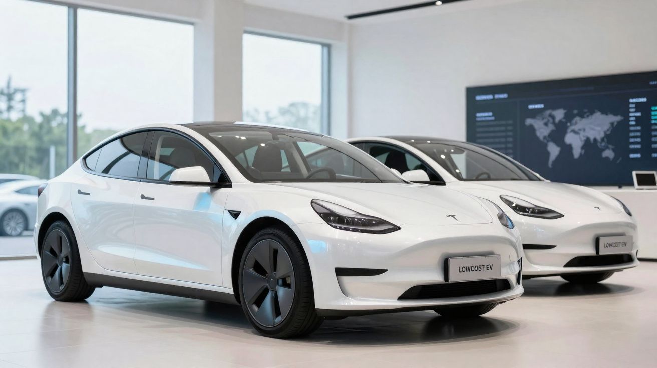 Dois carros elétricos brancos modelo sedan exibidos em showroom moderno e iluminado.