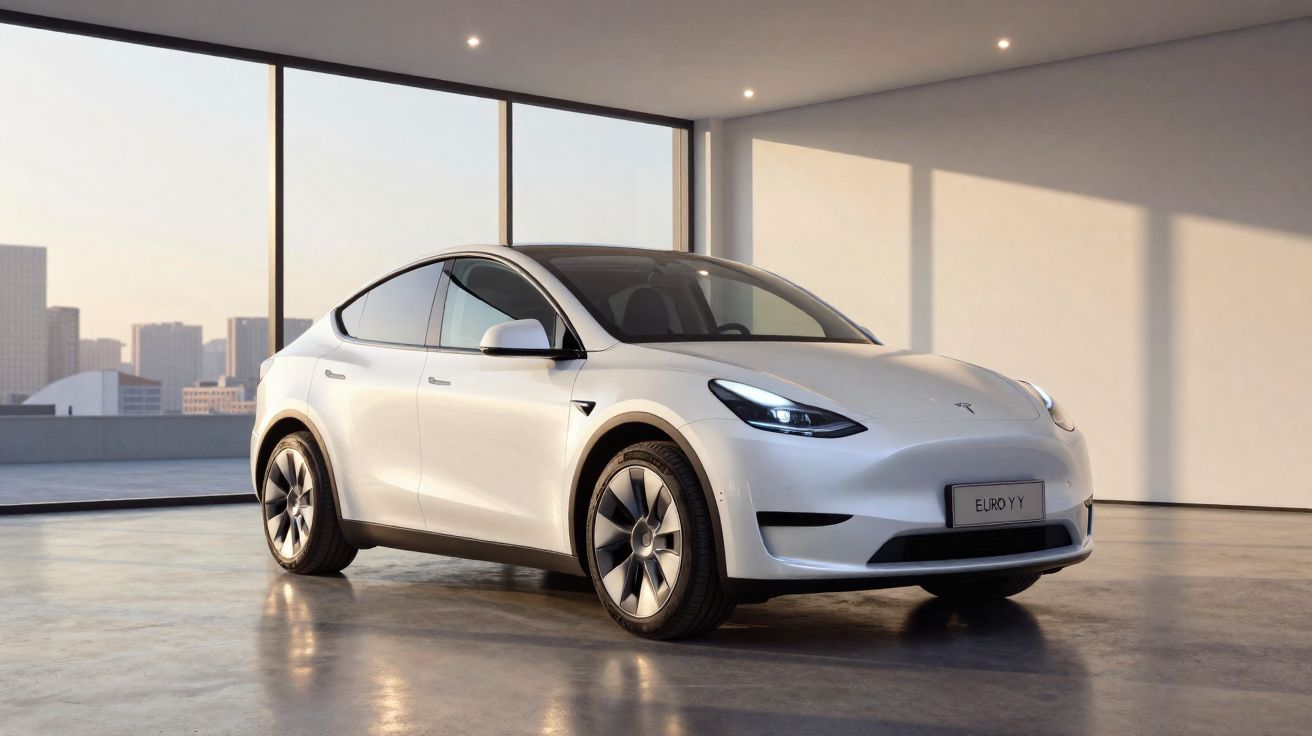 Carro elétrico branco modelo SUV em ambiente interno moderno com grandes janelas e vista urbana ao fundo.