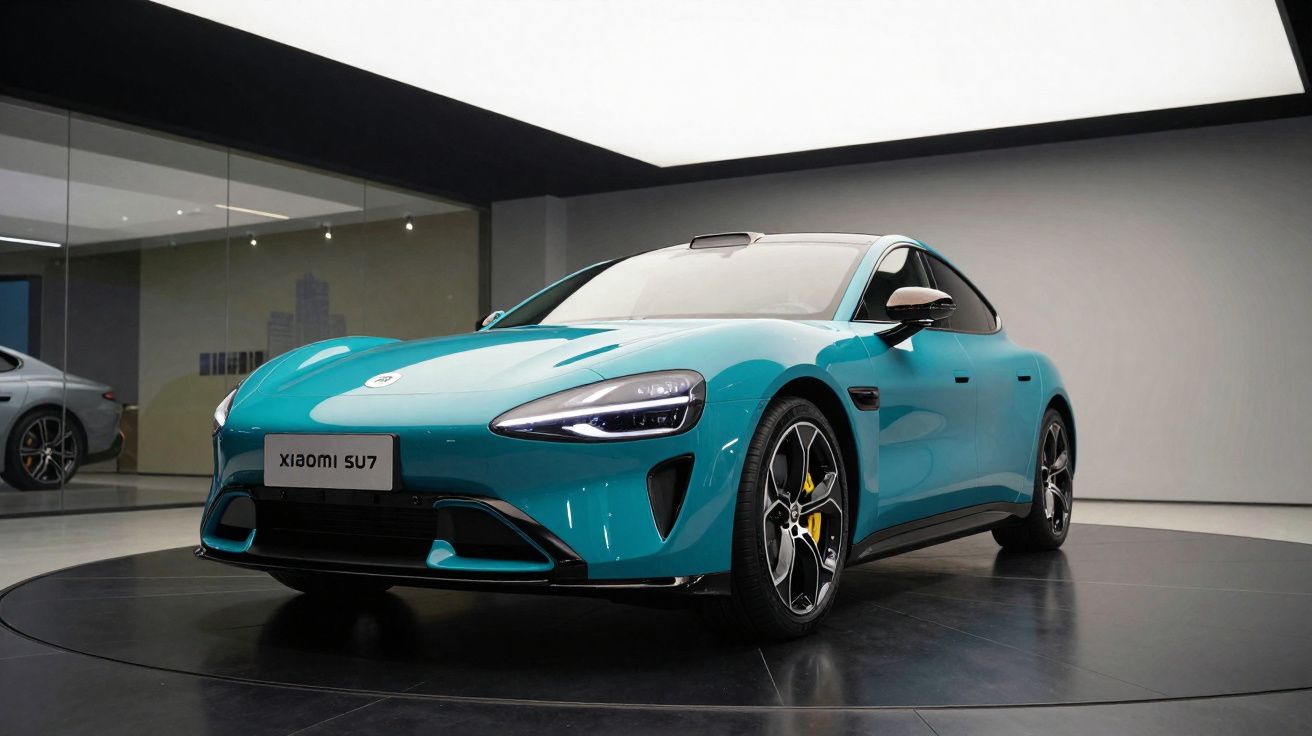 Carro elétrico esportivo azul exibido em ambiente interno com iluminação moderna e piso refletivo.