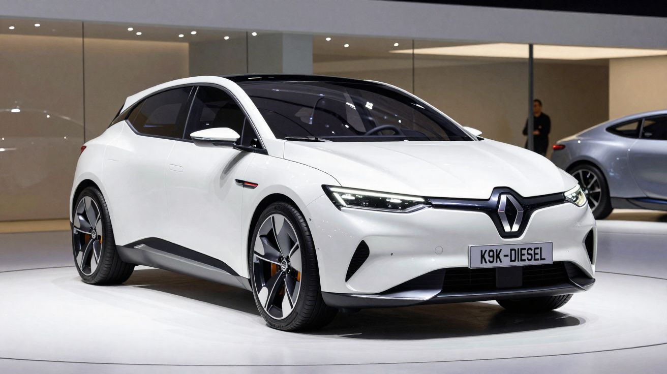 Carro branco Renault elétrico exposto em salão, com design moderno e rodas grandes.