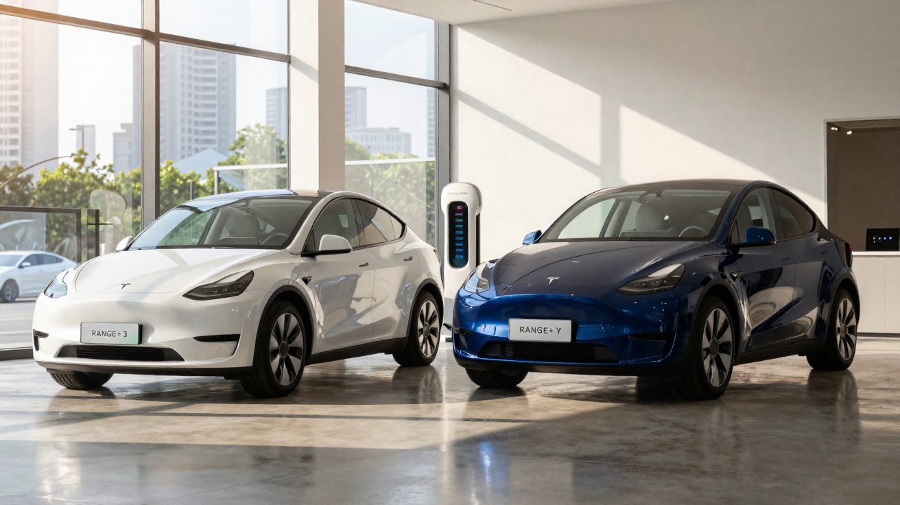 Dois carros Tesla elétricos, um branco e um azul, estacionados lado a lado em showroom iluminado.
