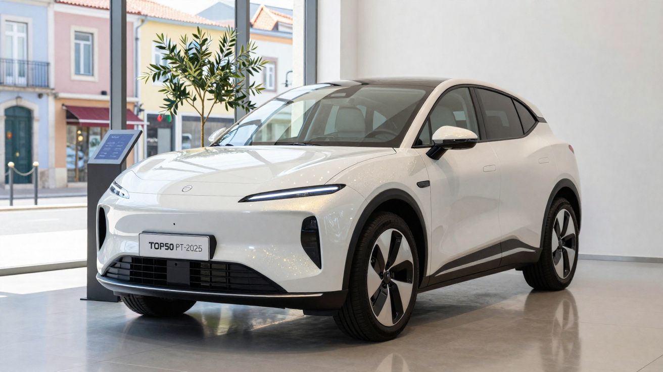 Carro elétrico branco exposto em showroom moderno com janelas grandes e planta ao fundo.