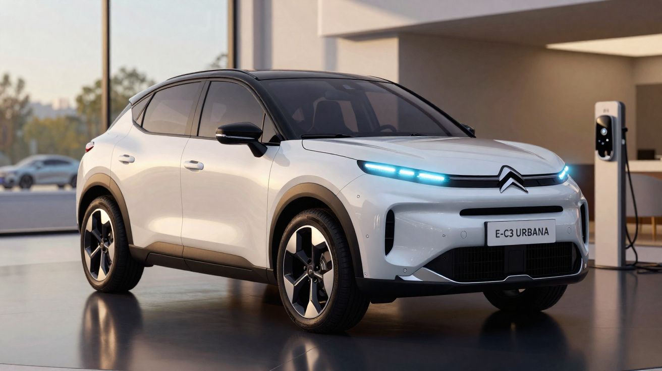 Carro elétrico Citroën E-C3 Urbana branco estacionado em ambiente moderno com carregador elétrico.