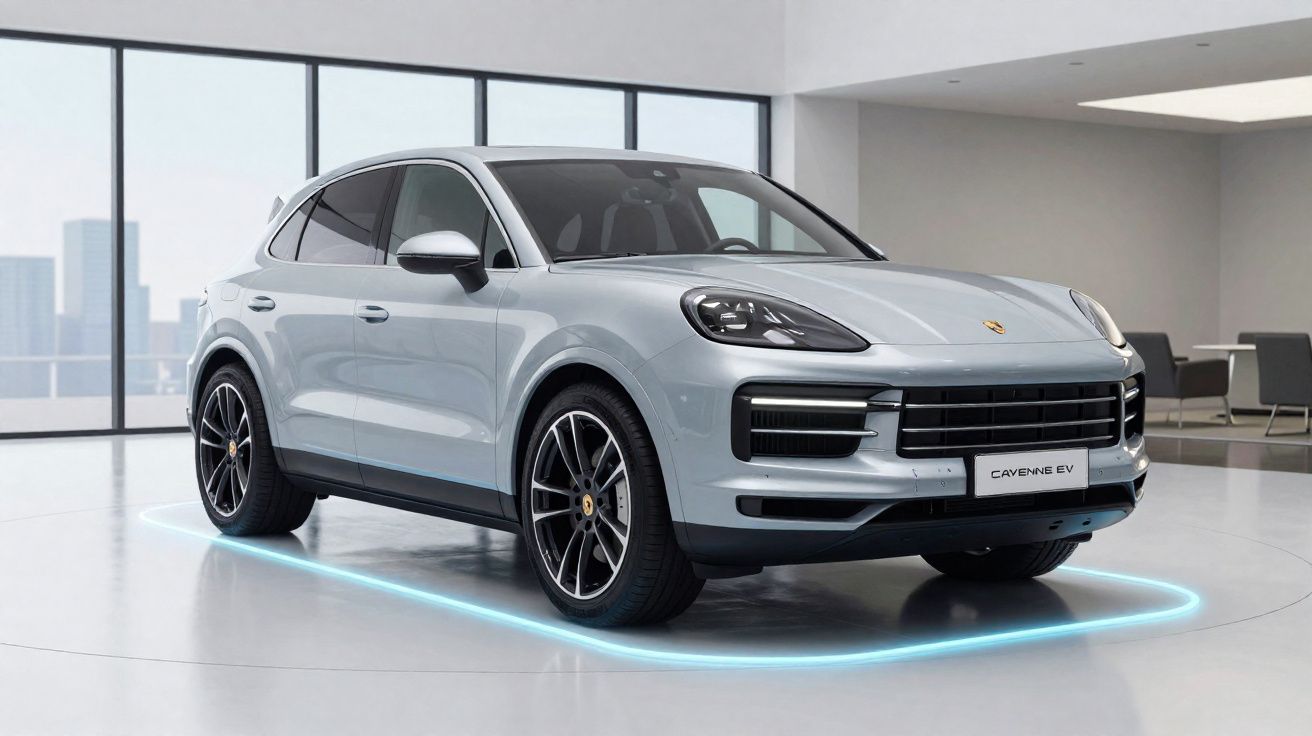 Carro Porsche Cayenne EV prata em exibição na sala de showroom moderna com piso branco e janelas amplas.
