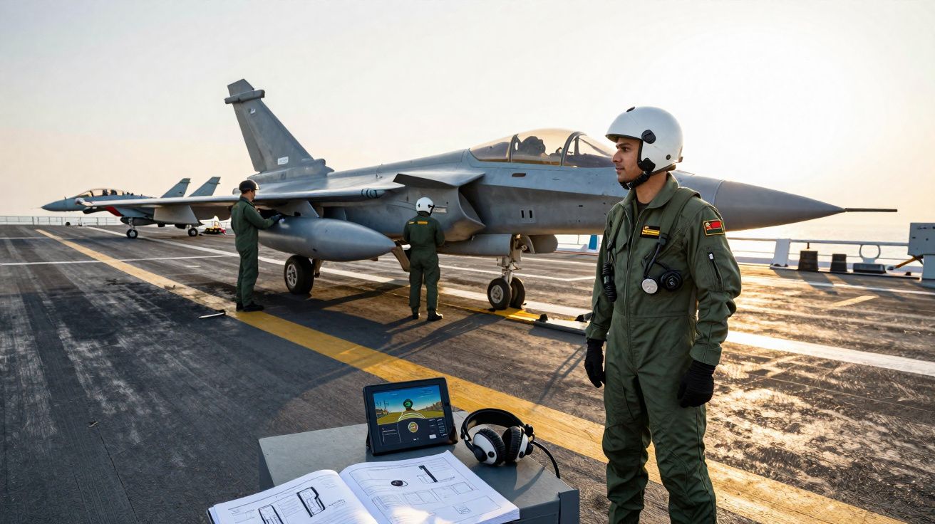 Militares trabalham na manutenção de caças em porta-aviões ao entardecer.