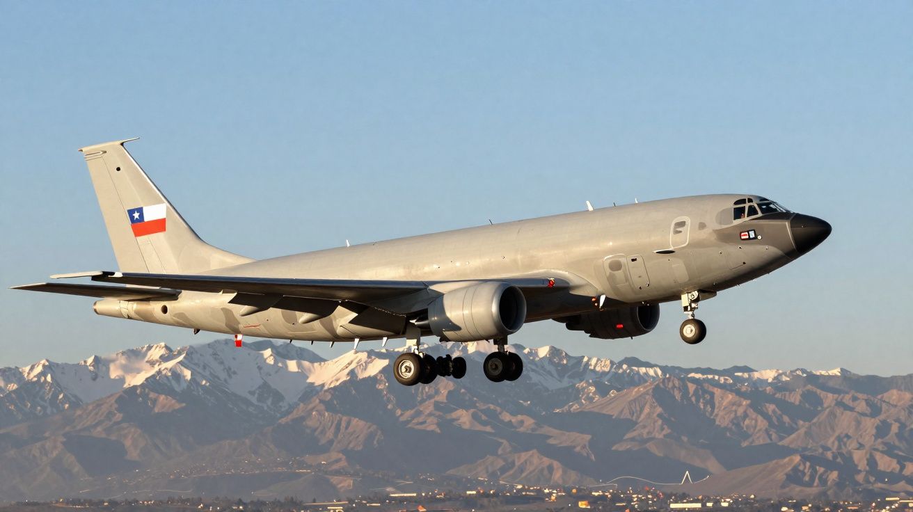Avião militar chileno cinza em voo baixo com montanhas ao fundo em um céu claro.