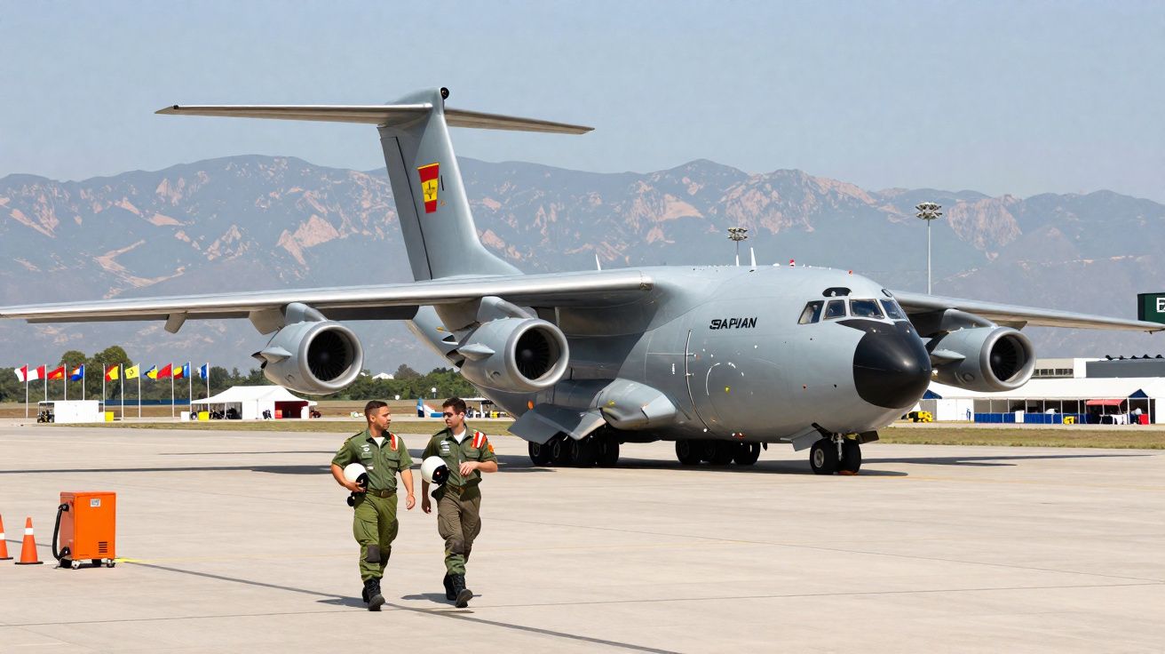 Avião militar cinza estacionado no solo com dois pilotos caminhando à frente e montanhas ao fundo.