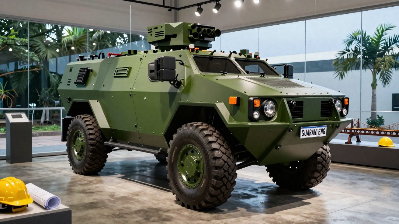 Veículo blindado militar verde em exposição dentro de prédio moderno com janelas de vidro.