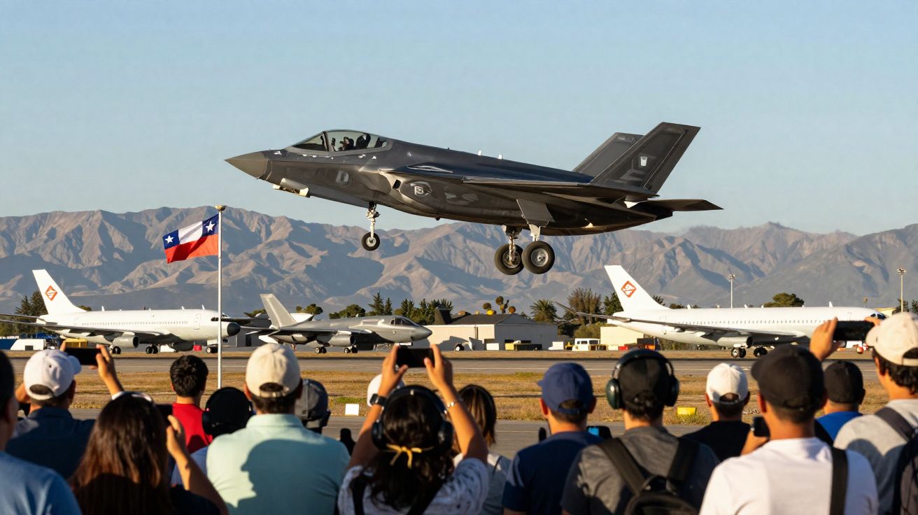 Pessoas assistem e registram jato militar F-35 decolando em exibição aérea com montanhas ao fundo.