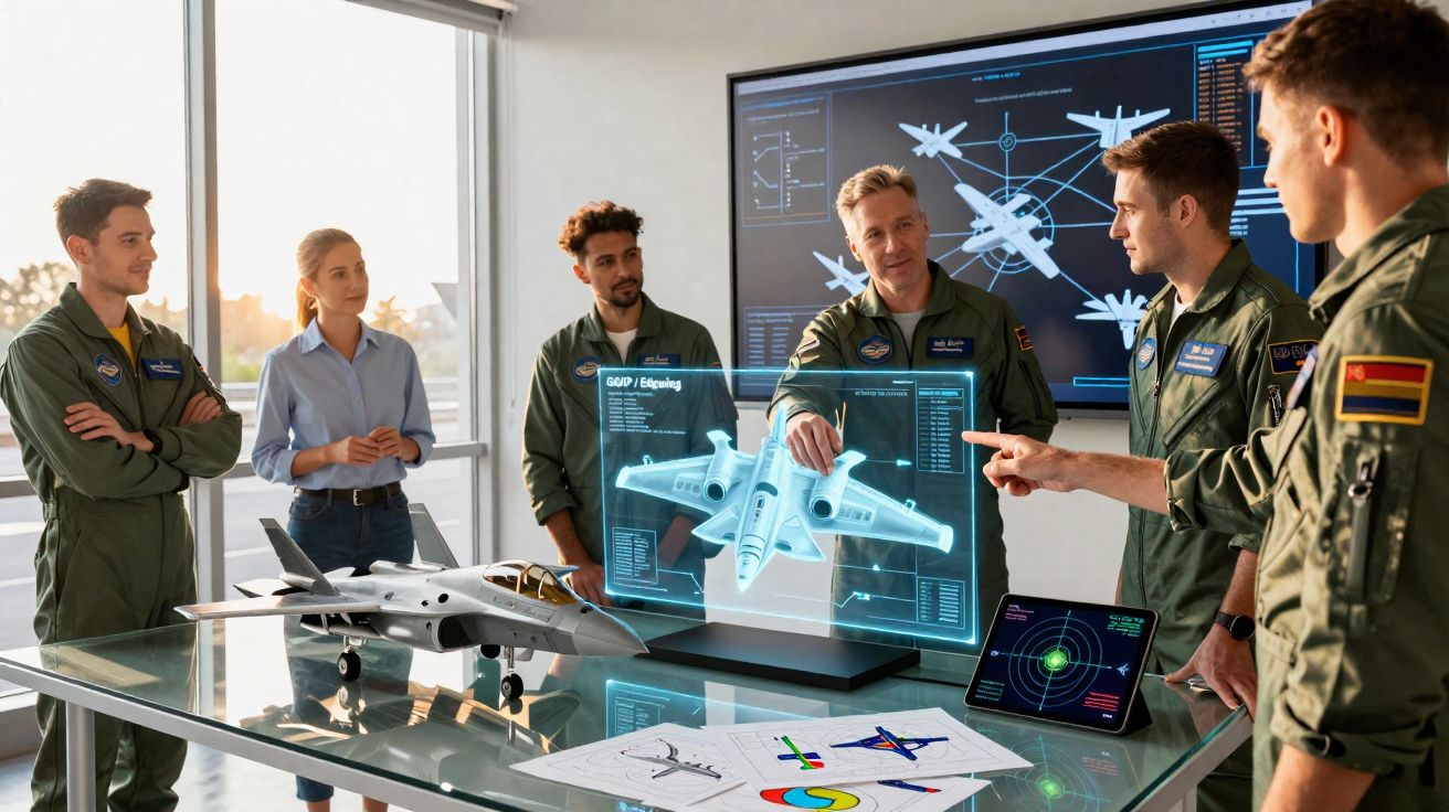 Pessoas em uniformes militares discutem projeto de avião em holograma 3D em sala de reunião moderna.