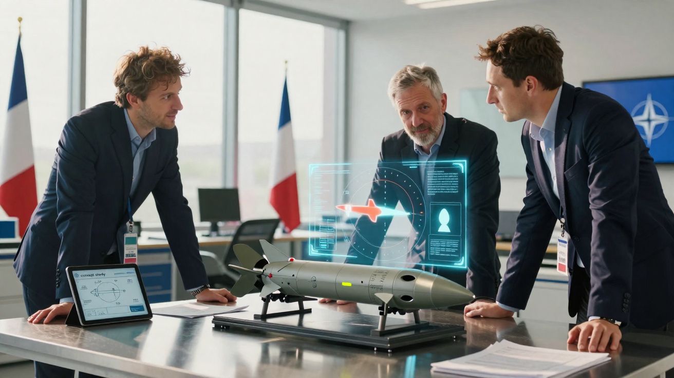 Três homens em reunião ao redor de uma mesa com modelo de míssil e holograma tecnológico em escritório institucional.