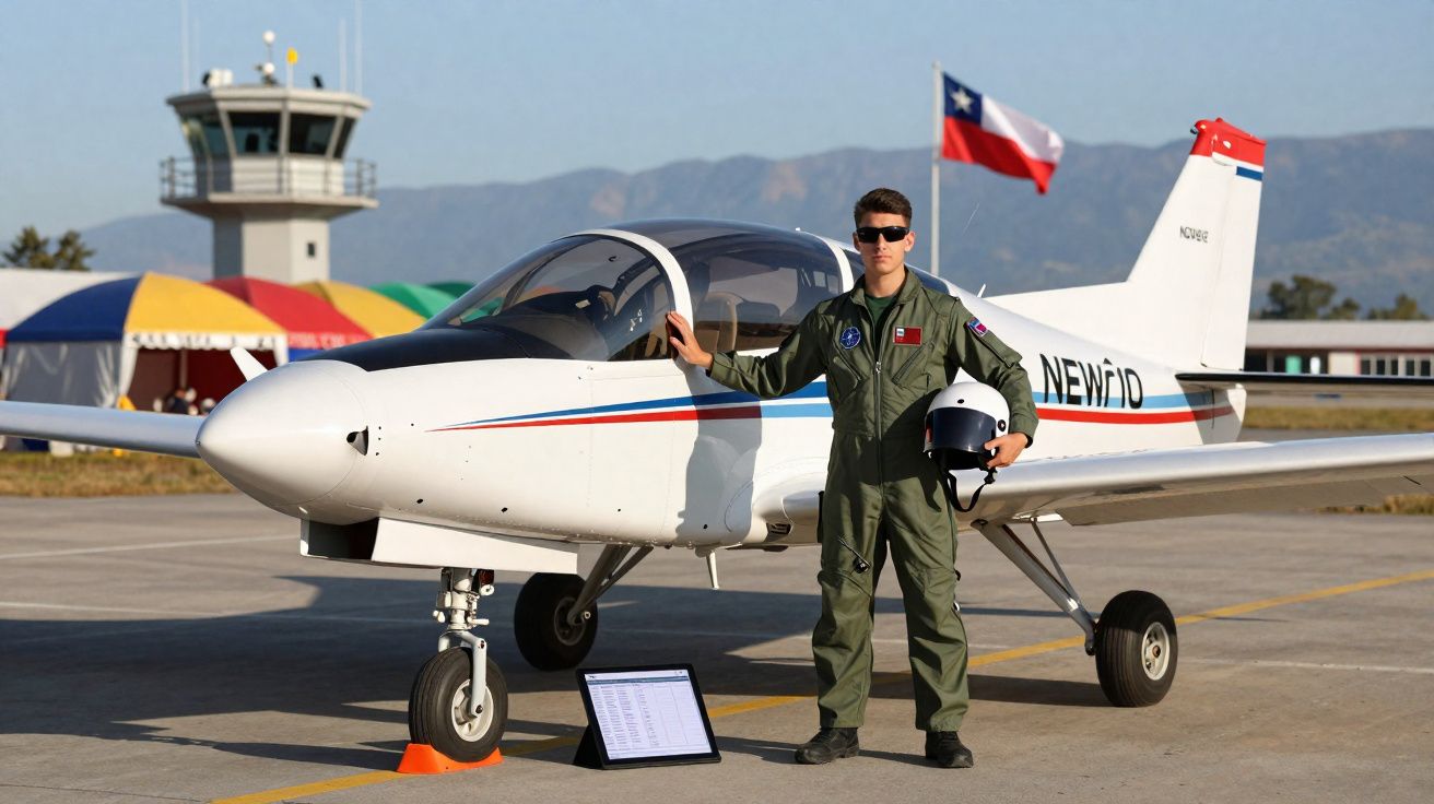 Piloto com macacão verde e capacete, ao lado de avião branco em pista com torre de controle e bandeira do Chile ao fundo.